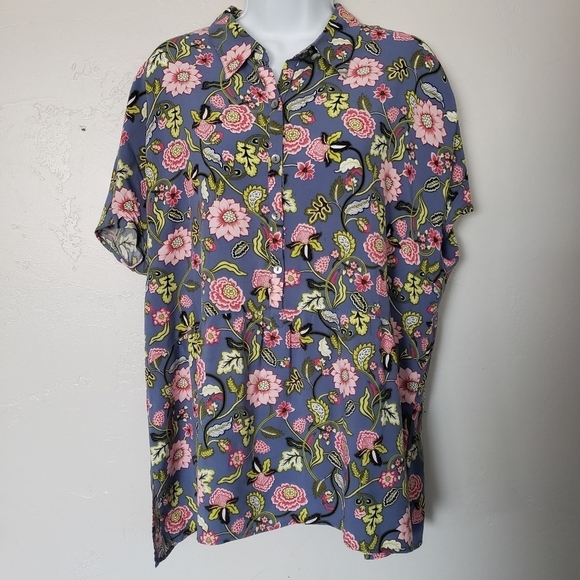 J. Jill Women's Large Short Sleeve Button Up Blouse Blue Grey Pink Green Floral - Picture 1 of 8